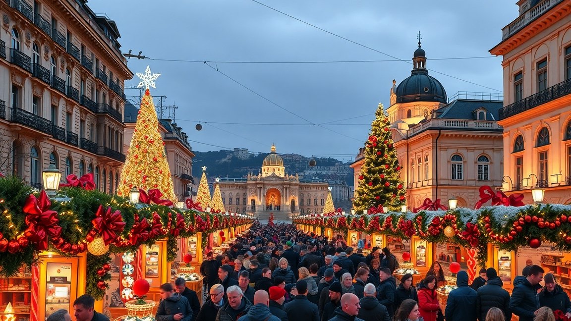Karácsonyi vásár Budapesten, csillogó díszekkel és tömegével.