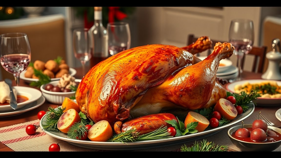 Karácsonyi pulykasült ünnepi asztalon, vagyontartalommal