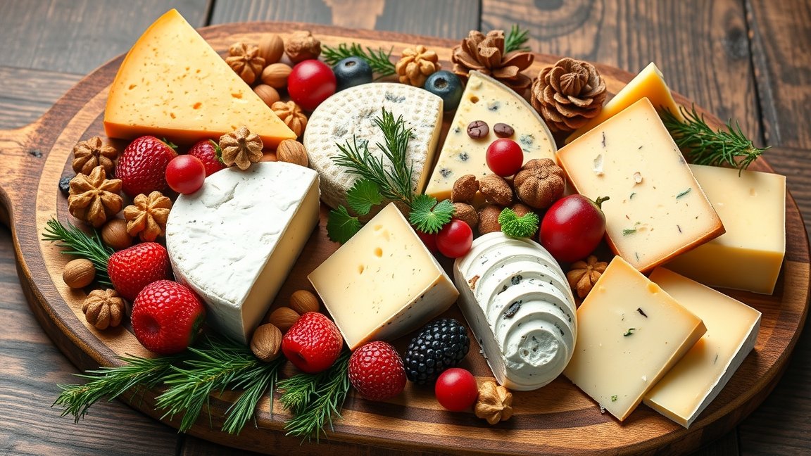 Karácsonyi sajttál különböző sajtokkal, gyümölcsökkel és díszítéssel.