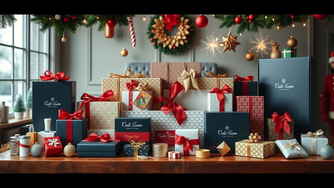 Karácsonyi üzleti ajándékok díszítve vörös és arany szalaggal.