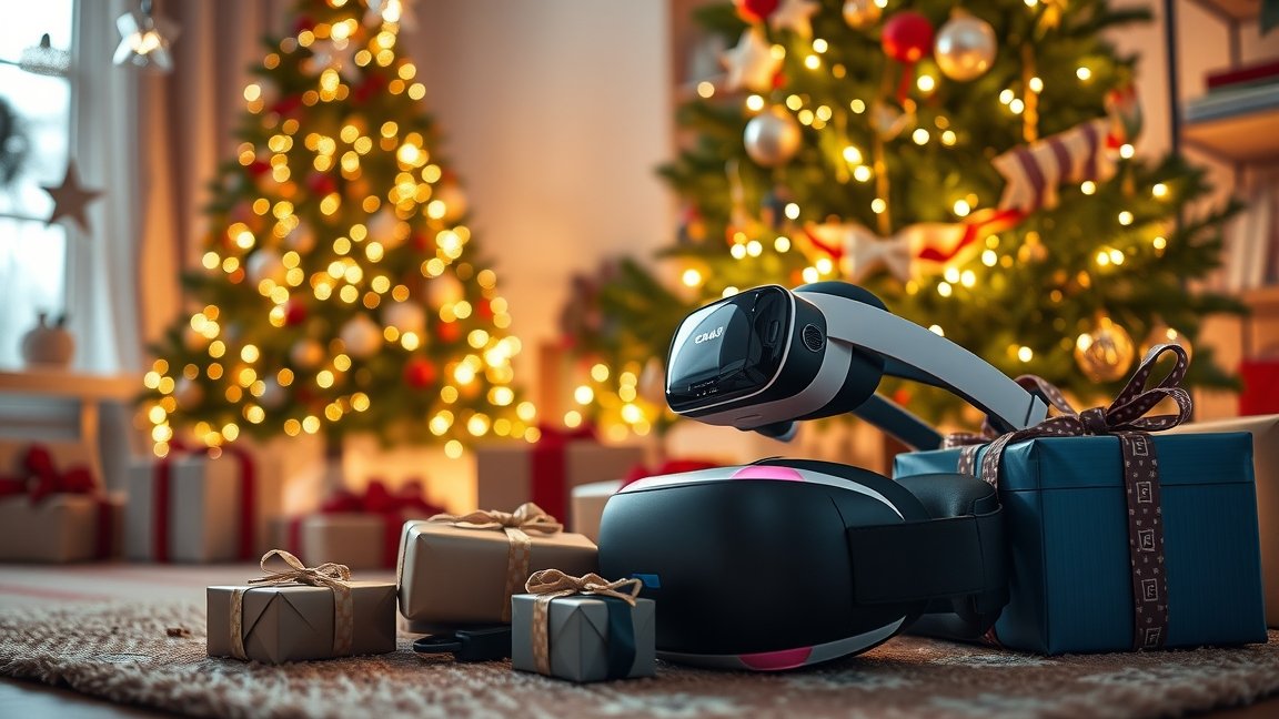Karácsonyi VR headset díszdobozok mellett, hátterében fenyőfa