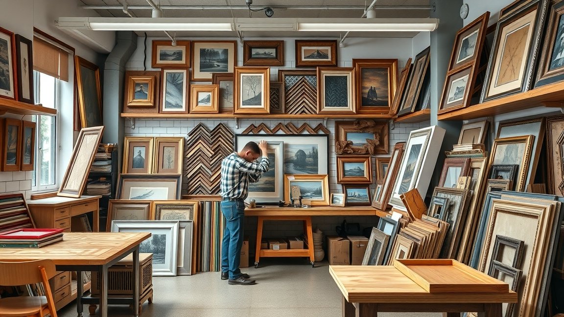 Képkeretező bolt, ahol különböző keretek és képek találhatók.