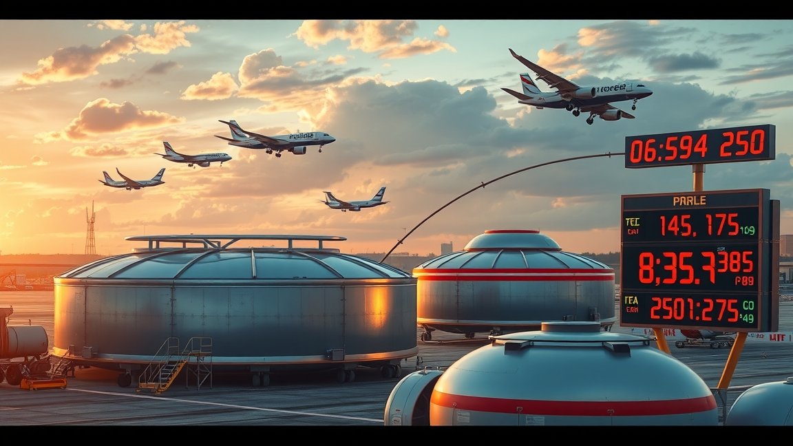 Kerozin tárolók és induló repülőgépek egy repülőtéren naplementében