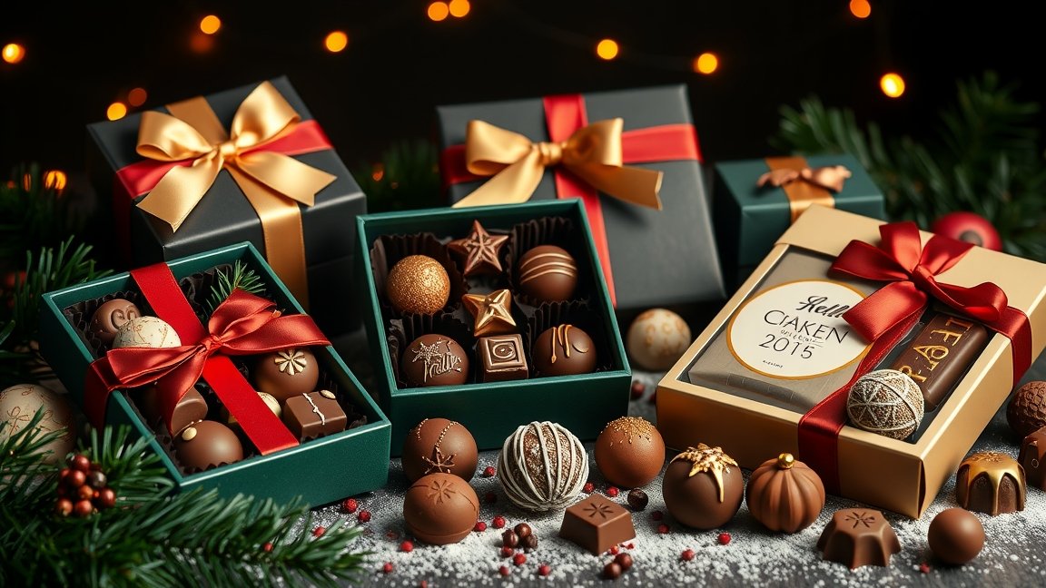 Kézműves karácsonyi csokoládék díszdobozokban ünnepi hangulatban.