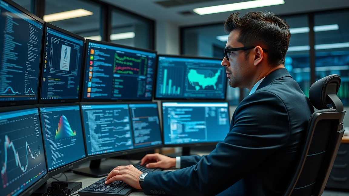 Kibernyomozó dolgozik több monitor előtt adatokat elemezve.