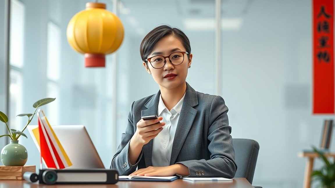 Kínai tolmács munkahelyi környezetben számítógép előtt.