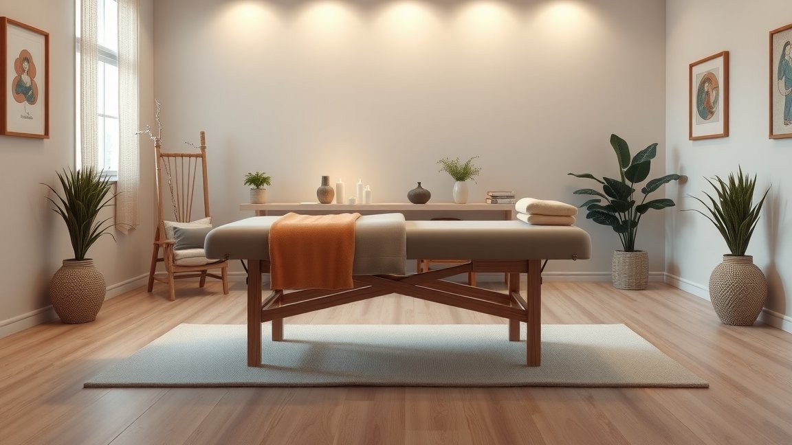 Kineziológiai kezelésre előkészített masszázságy egy modern terápiás szobában.