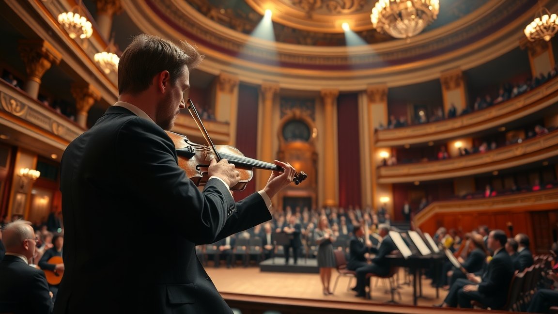 Klasszikus zenész hegedül egy koncerten, nézők előtt