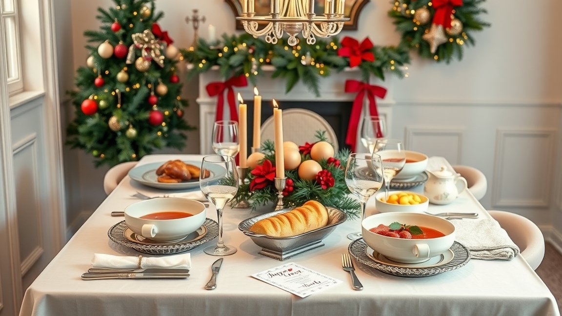 Ünnepi asztal megterítése ételekkel és dekorral az ünnepi szezonra.