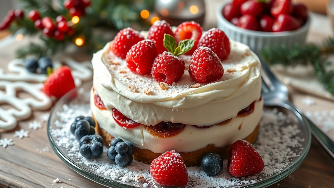 Diabetikus karácsonyi desszert, friss gyümölcsökkel díszítve.