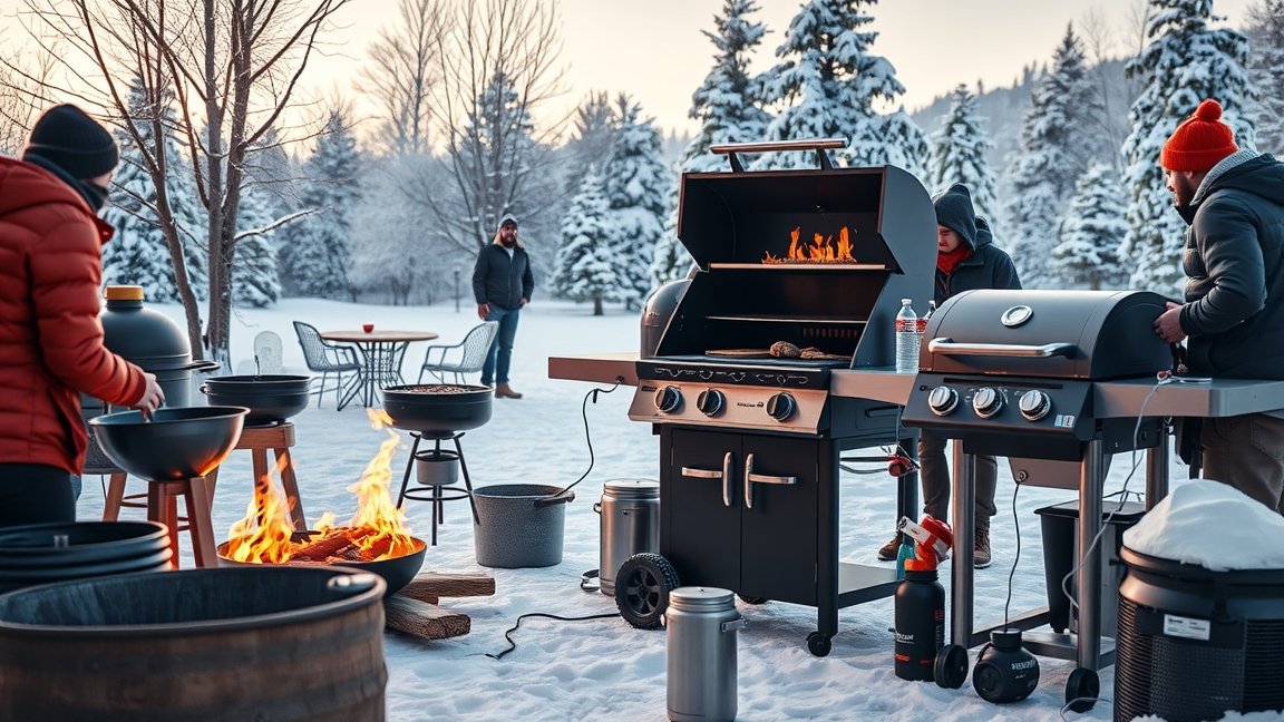 Téli grillsütés kinti felszereléssel hóban és tűz körül