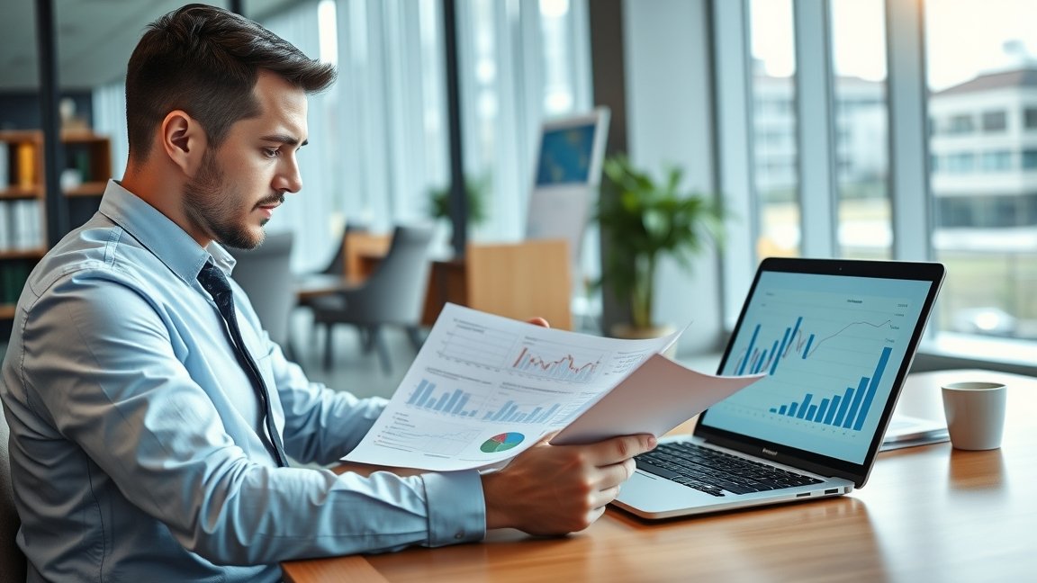 Könyvvizsgáló elemzi a pénzügyi kimutatásokat irodai környezetben.