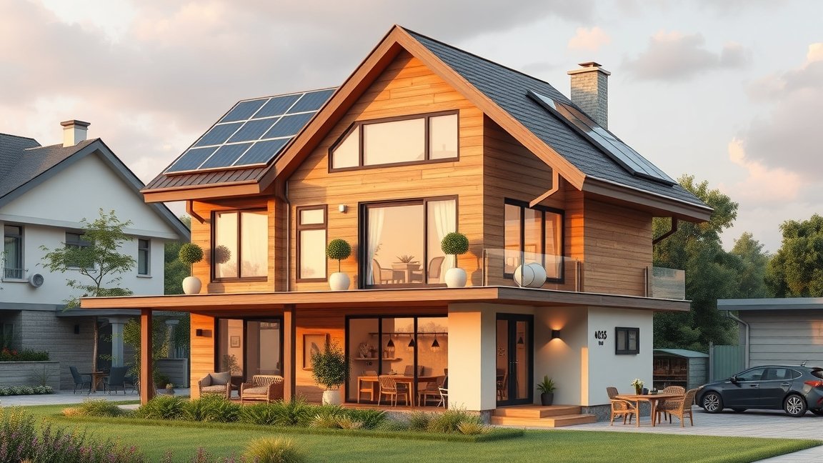 Környezetbarát ház napkollektorokkal és ökoépítési megoldásokkal.