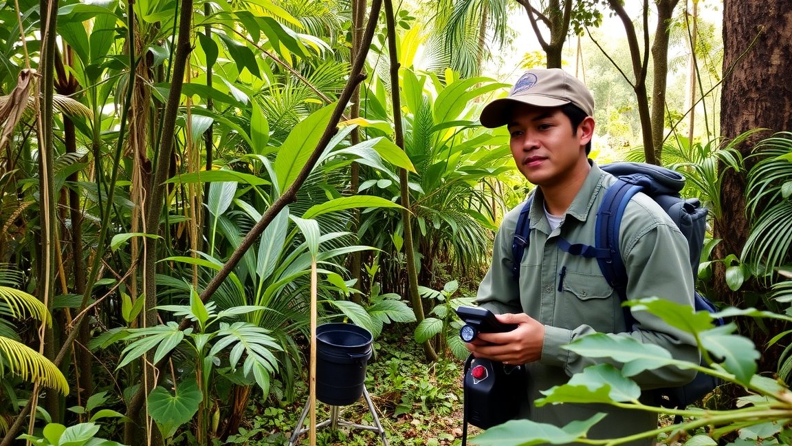Környezetvédelmi technikus a természetben, zöld növények között.