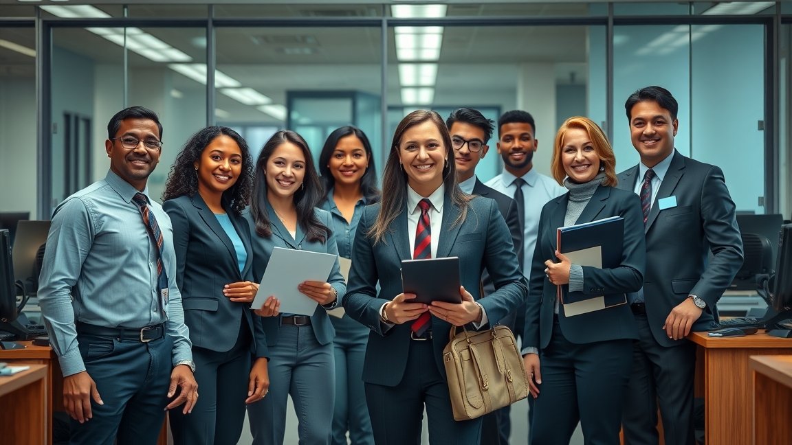 Közalkalmazottak egy csoportja a munkahelyükön, modern irodai környezetben.