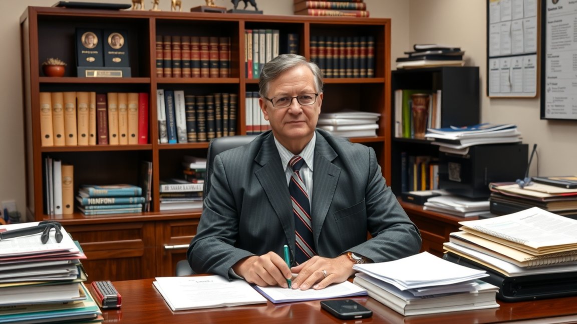 Középiskolai igazgató az irodájában, dokumentumok között ülve.