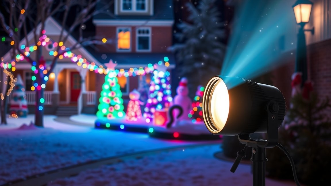 Kültéri karácsonyi projektor díszített ház előtt