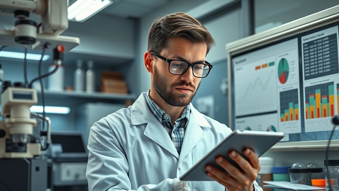 Kutató laboratóriumban, táblagéppel elemzést végez.