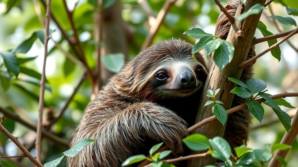 Lajhár egy fán, zöld levelek között.