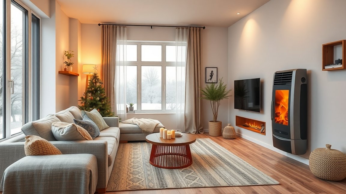 Modern nappali fűtőberendezéssel téli dekorációval.