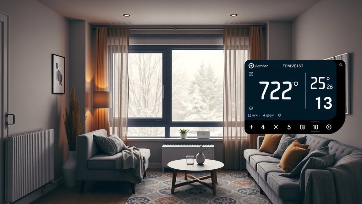 Moderál szoba hőmérséklet kijelzővel és téli nézettel.
