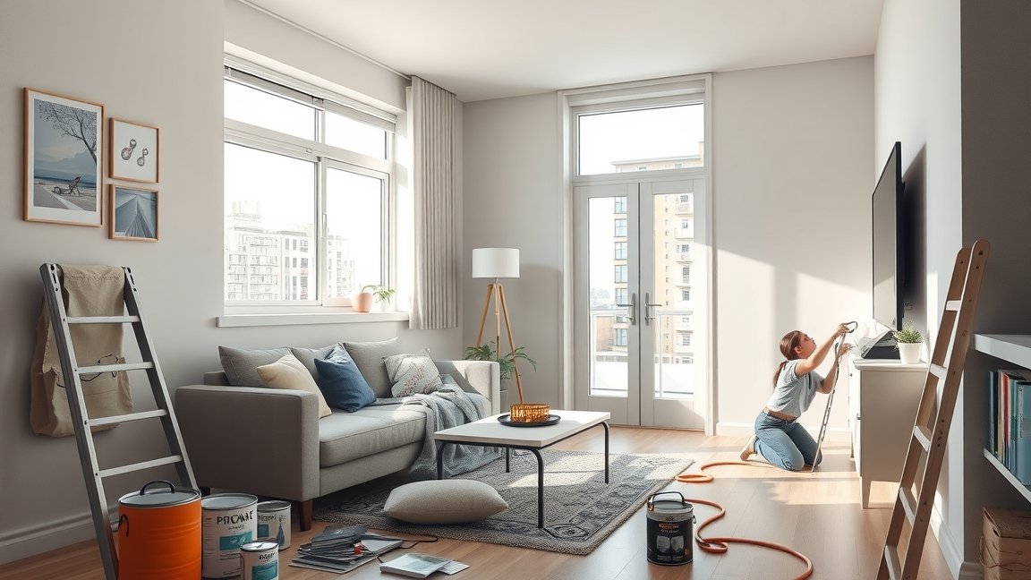 Lakásfestés folyamata egy világos, modern nappaliban.