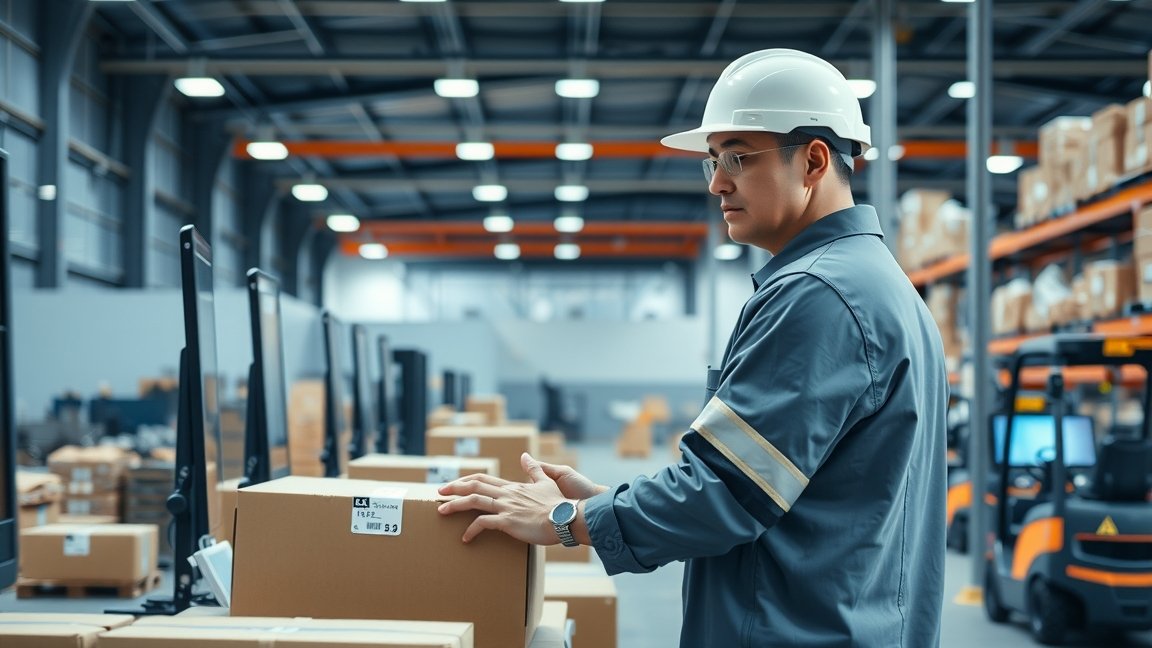 Logisztikai technikus raktárban, dobozokkal dolgozik