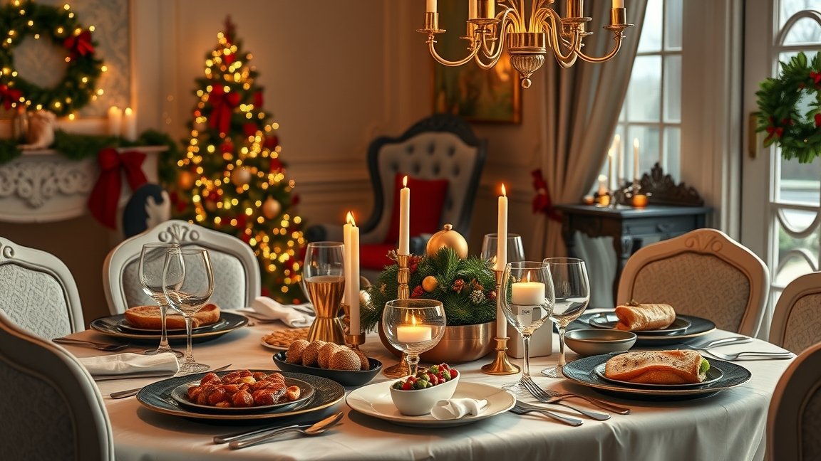 Elegáns karácsonyi vacsora teríték egy gyönyörű otthonban.