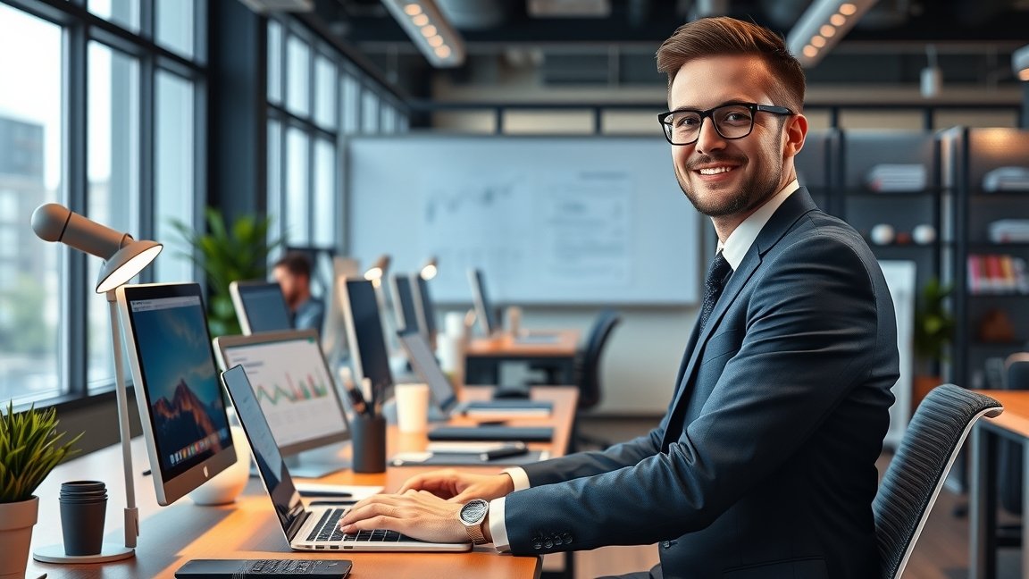 Marketing menedzser munkahelyi környezetben laptop mellett.