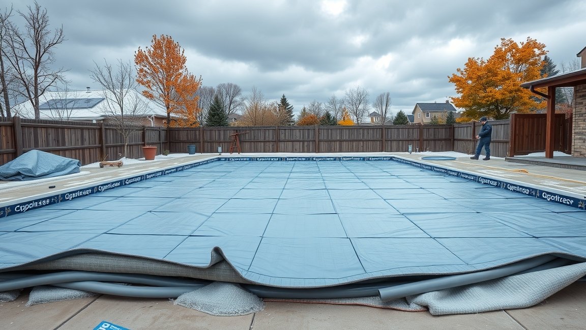 Téliesített medence takaróval az őszi kertben