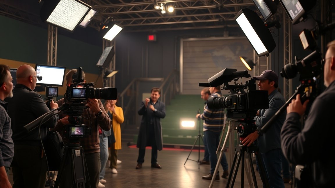 Filmszínész háttérben kamerák és stáb a forgatáson