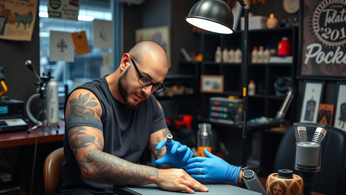 Tetováló munkában, a tetoválás művészete és stúdió környezete.