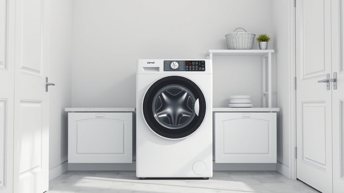Modern mosógép otthon, fehér fal és bútorok között.