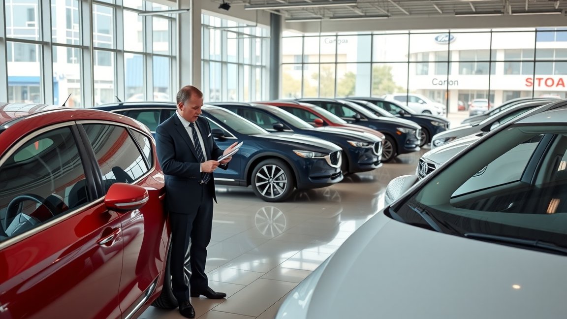 Autókereskedő dolgozik készlet alatt egy bemutatóteremben