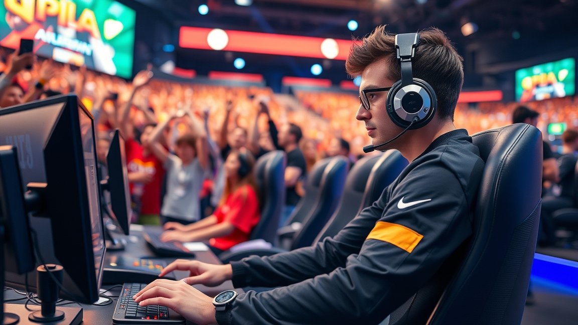 E-sportoló egy versenyt játszik az izgatott közönség előtt.