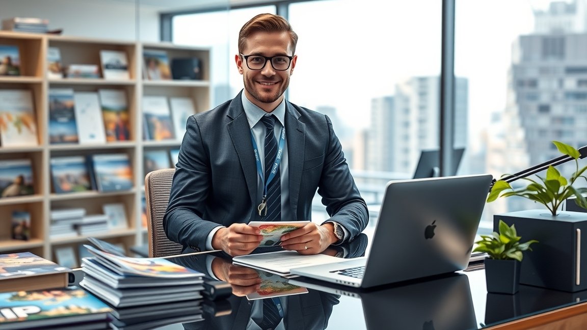 Utazásszervező munkahelyi környezetben, mosolygós férfi, laptop előtt.