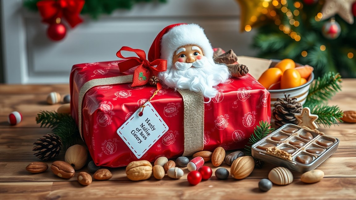 Házilag készített Mikuláscsomag piros csomagolásban, édességekkel.
