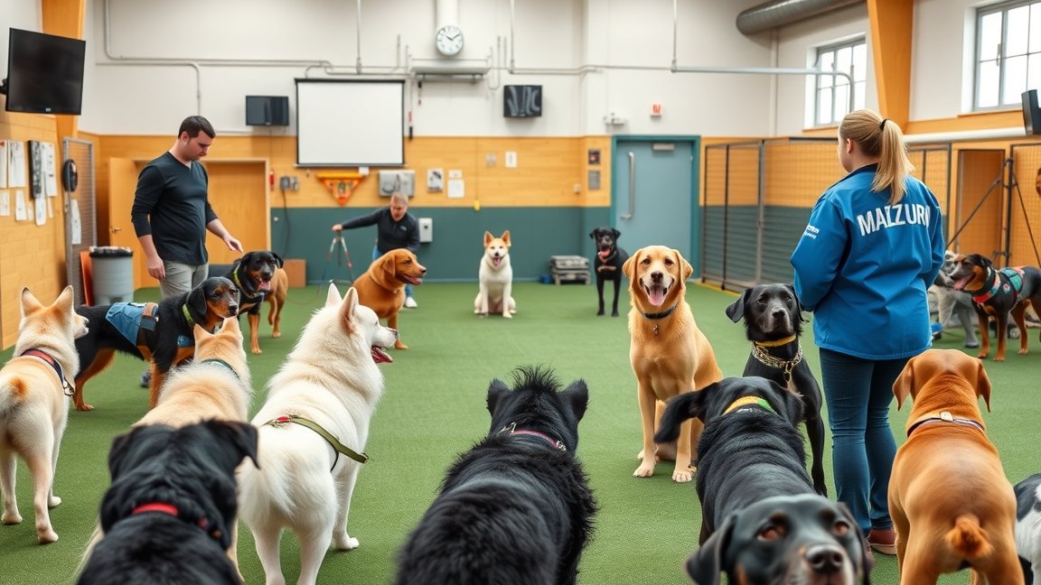 Kutyaiskola csoportos foglalkozáson részt vevő kutyák és gazdák.