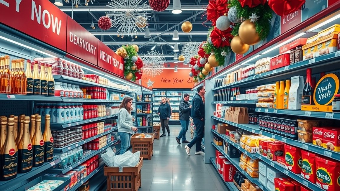 Szilveszteri bevásárlás a jellegzetes ünnepi dekorációkkal.