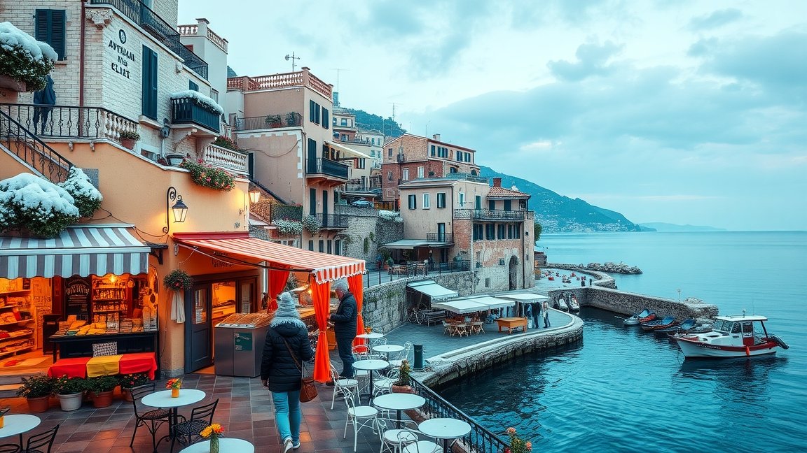 Mediterrán tengerparti város látképe, hóval borított házakkal.