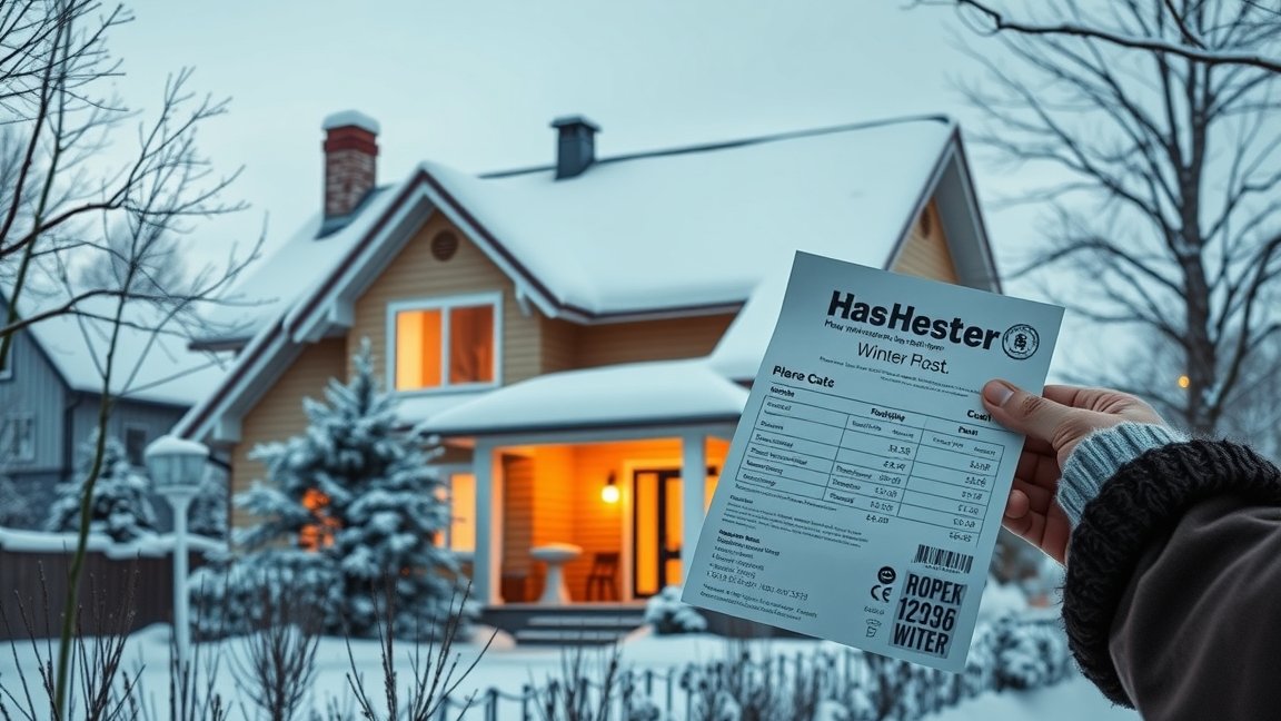 Téli gázszámla a hóesésben álló családi ház előtt