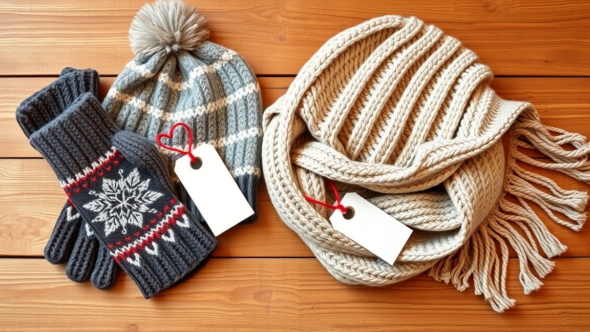 Téli kesztyű, sapka és sál karácsonyi piros és kék mintával.