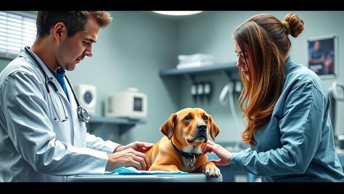 Két állatorvos vizsgál egy kutyát az állatkórházban.