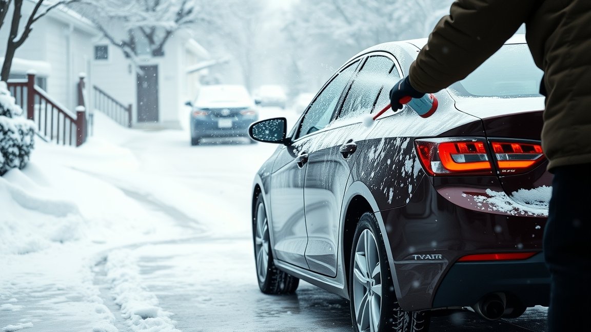 Autó jégtelenítése téli időjárásban, hólapát használatával.