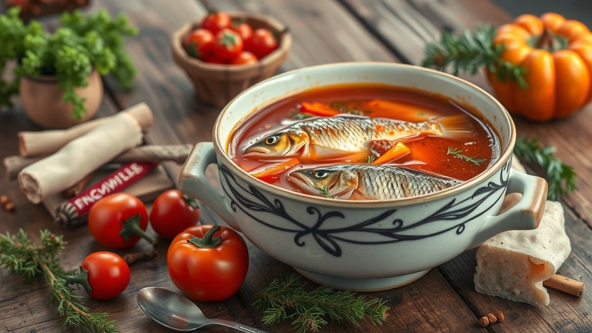 Friss halászlé összetevőkkel, köztük ponty, zöldségek és fűszerek.