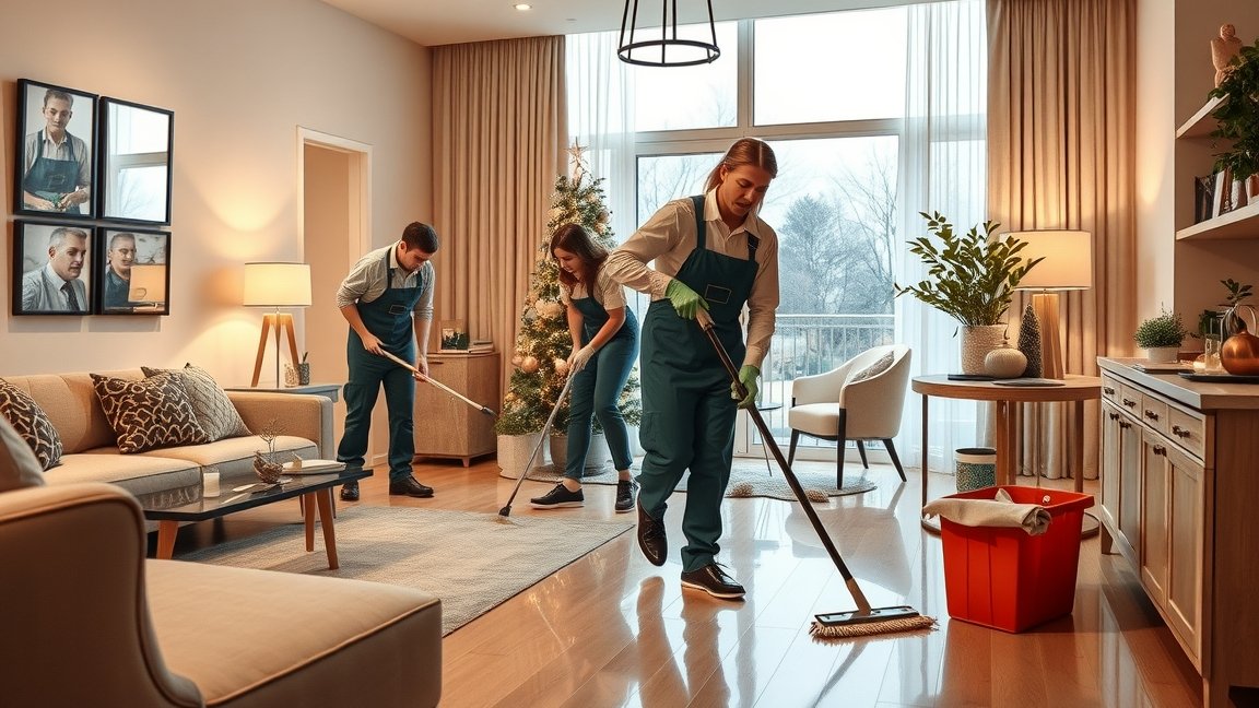 Professzionális takarítók ünnepi nagytakarítást végeznek egy otthonban.