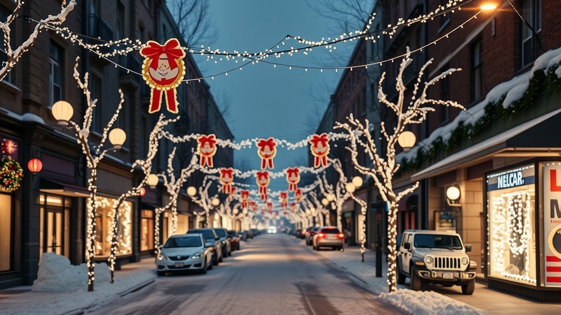 Ünnepi világítás egy hóval borított utcában karácsonyi dekorációval