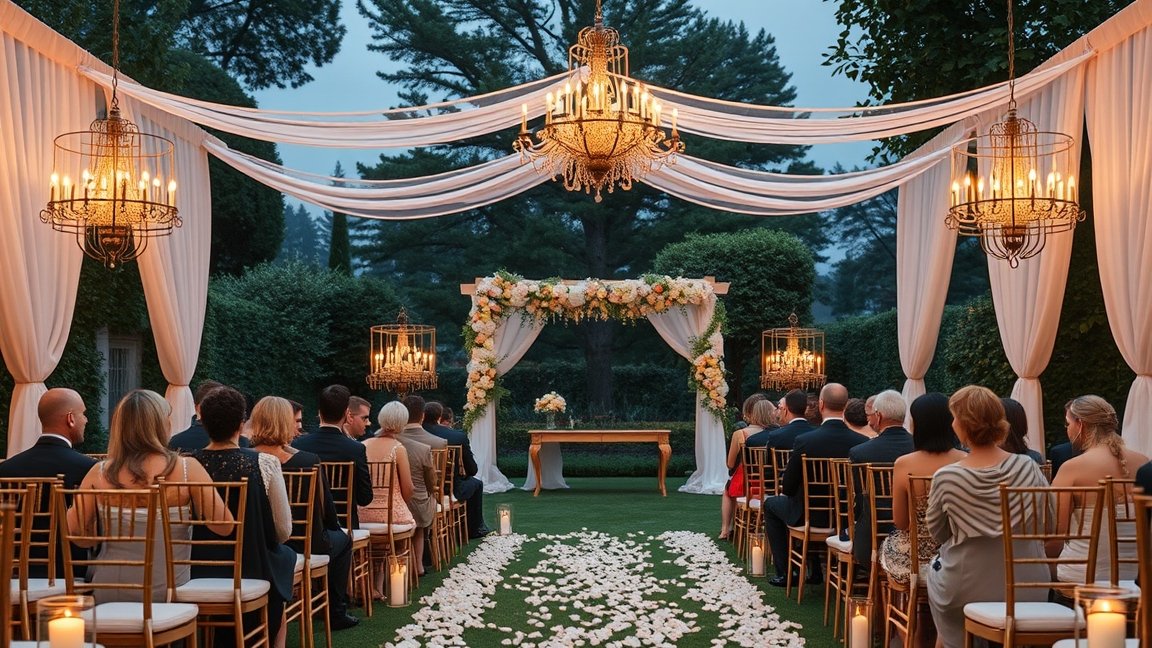 30 fős esküvő díszítése kültéren gyönyörű virágokkal és gyertyákkal.