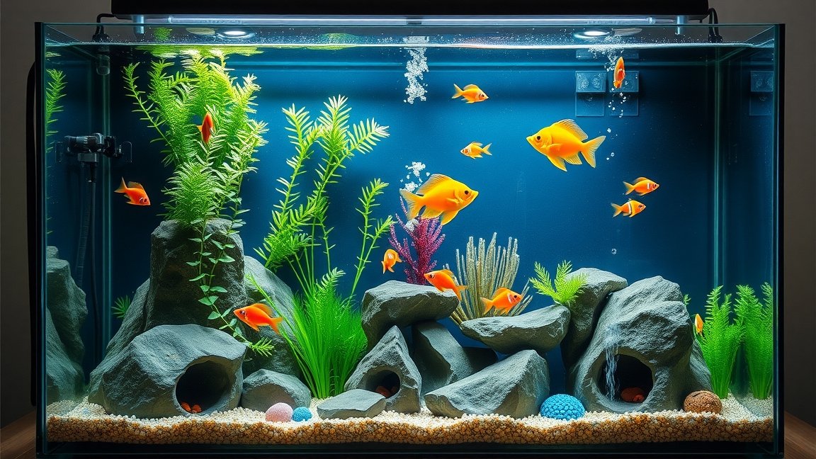 Színes akvárium díszfalakkal és halakkal