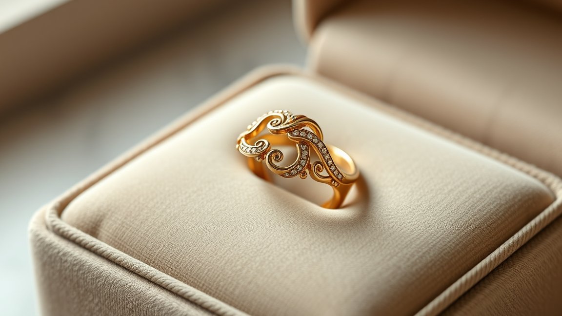 Elegáns aranygyűrű díszítéssel ékszerdobozban